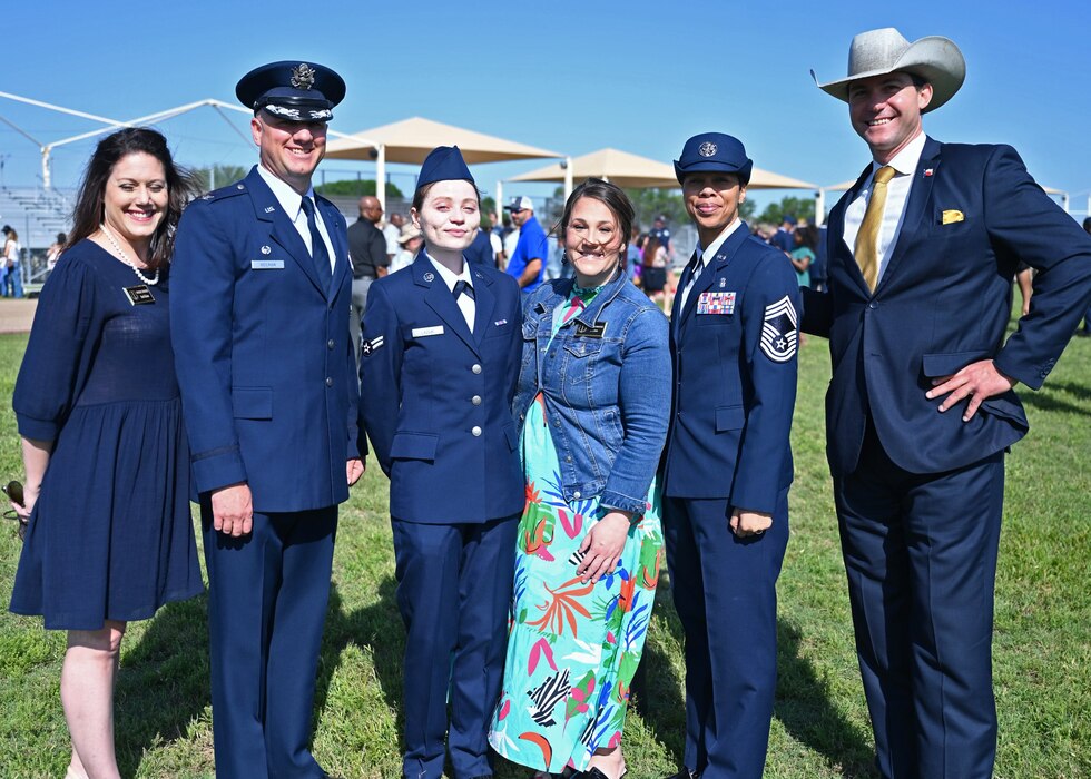 U.S. Air Force Col. Matthew Reilman, 17th Training Wing commander, and Goodfellow Honorary Commanders pose with Airman 1st Class Natalia Laziuk, Basic Military Training graduate, at Joint Base San Antonio-Lackland, Texas, April 27, 2023. Honorary commanders are hand selected to participate in base events and experience what it’s like to be part of the world’s greatest Air Force. (U.S. Air Force photo by Senior Airman Sarah Williams)