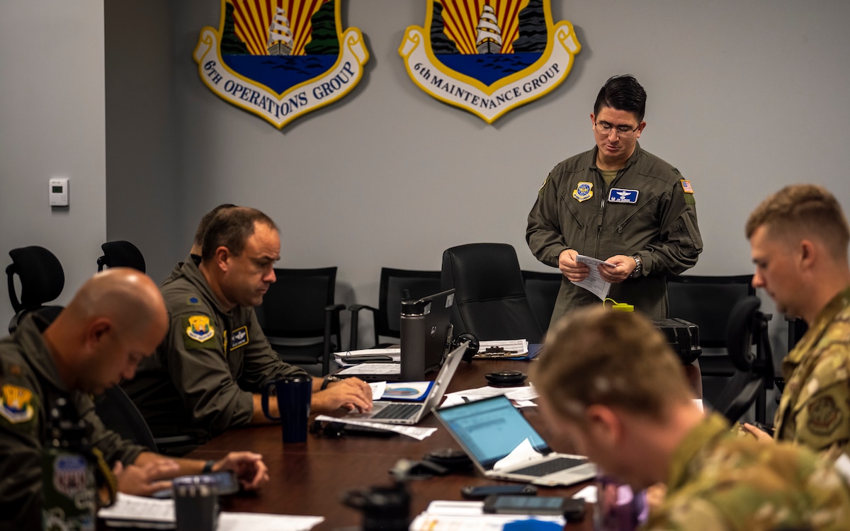 Col. Jonathan Burdick, 6th Operations Group commander, conducts pre-flight briefings during Operation Violent Storm at MacDill Air Force Base, Fla., April 26, 2023.