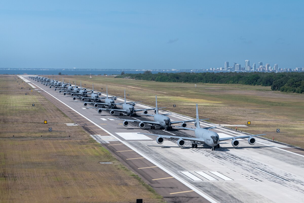 KC-135 Stratotankers assigned to the 6th and 927th Air Refueling Wings taxi down the flightline during Operation Violent Storm at MacDill Air Force Base, Fla., April 26, 2023.