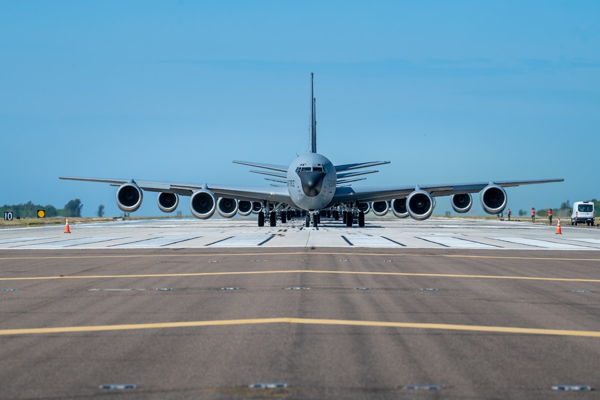 Service members assigned to the 6th Operations Group marshal KC-135 Stratotankers assigned to the 6th and 927th Air Refueling Wings during Operation Violent Storm, April 26, 2023, at MacDill Air Force Base, Fla.