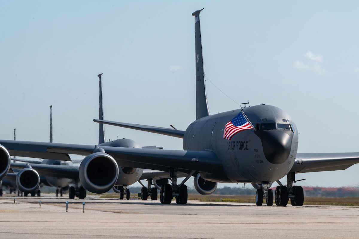 KC-135 Stratotankers assigned to the 6th and 927th Air Refueling Wings taxi in formation on the flightline during Operation Violent Storm April 26, 2023, at MacDill Air Force Base, Fla.