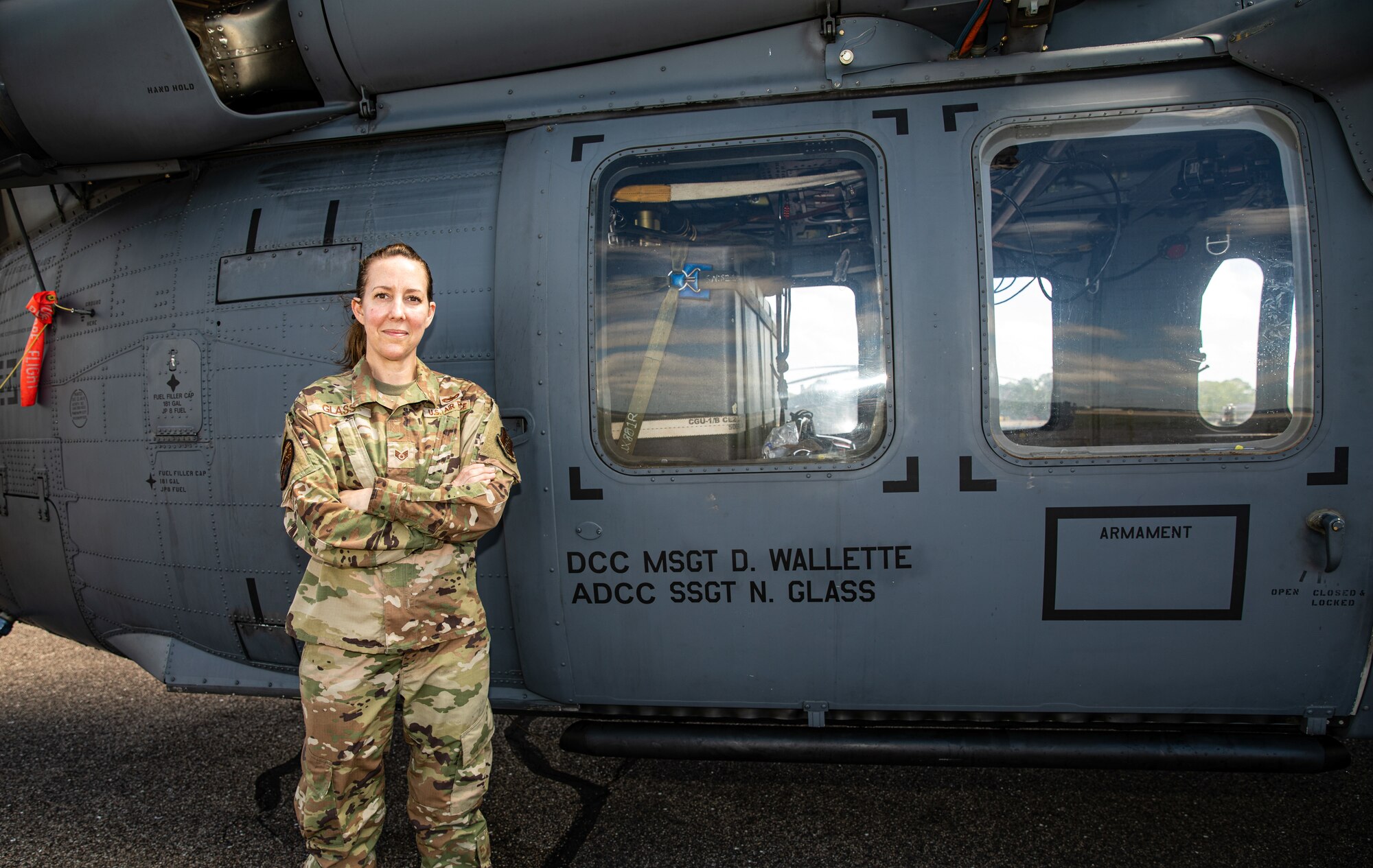 U.S. Air Force Staff Sgt. Natalie Glass, assistant dedicated crew chief with the 176th Aircraft Maintenance Squadron, 176th Wing, Alaska Air National Guard, at Exercise Southern Strike 2023, Gulfport, Mississippi, April 20, 2023.