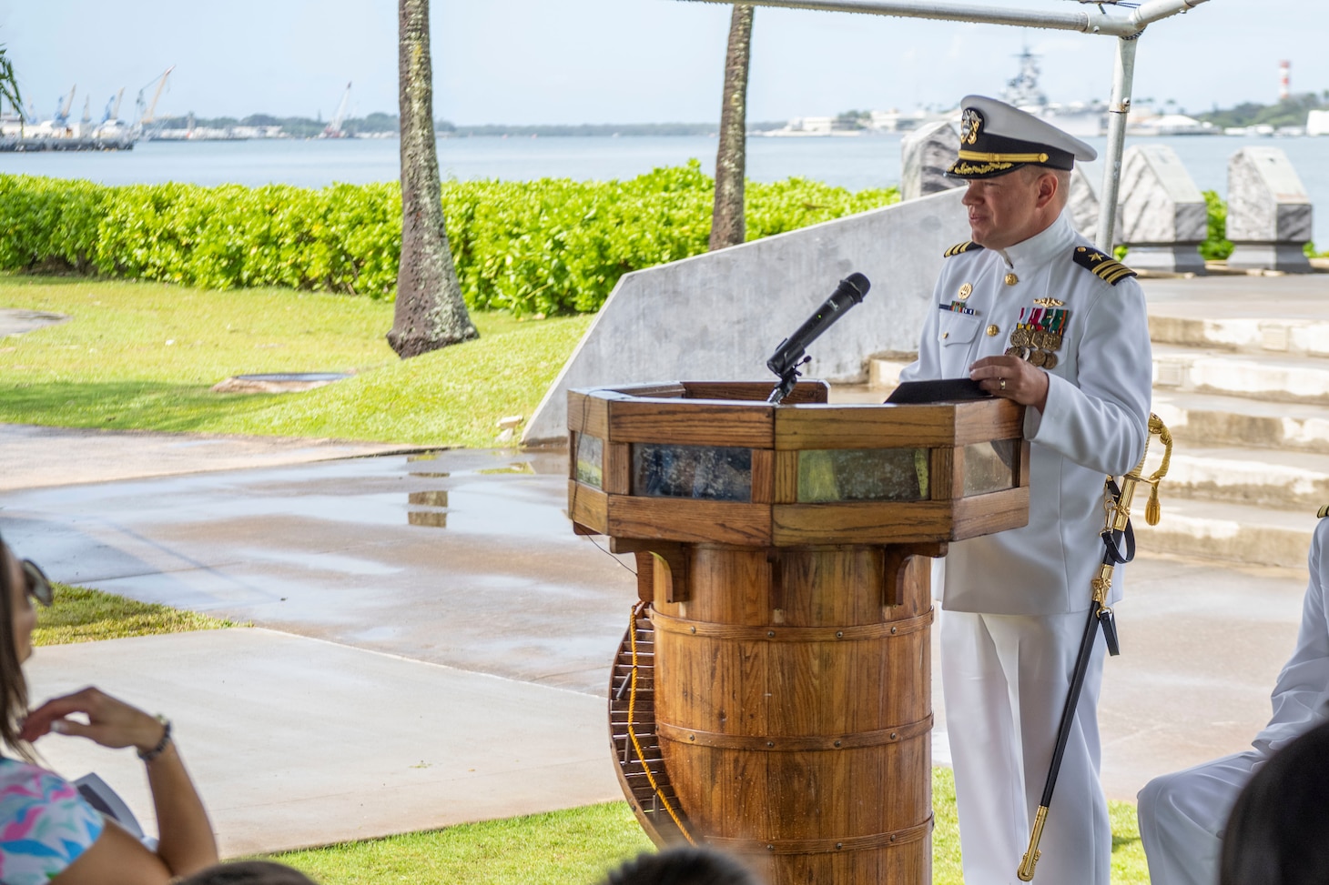 230303-N-EI510-0085 PEARL HARBOR, Hawaii (March 3, 2023) Cmdr. Robert Walls, outgoing commanding officer, Submarine Readiness Squadron 33, speaks during the change of command ceremony for Submarine Readiness Squadron 33 at the Pacific Fleet Submarine Museum, March 3, 2023.  Submarine Readiness Squadron 33 provides operational support for Pearl Harbor homeported submarines, their crews, families, and the staffs of Submarine Squadrons 1 and 7. (U.S. Navy photo by Mass Communication Specialist 1st Class Scott Barnes)