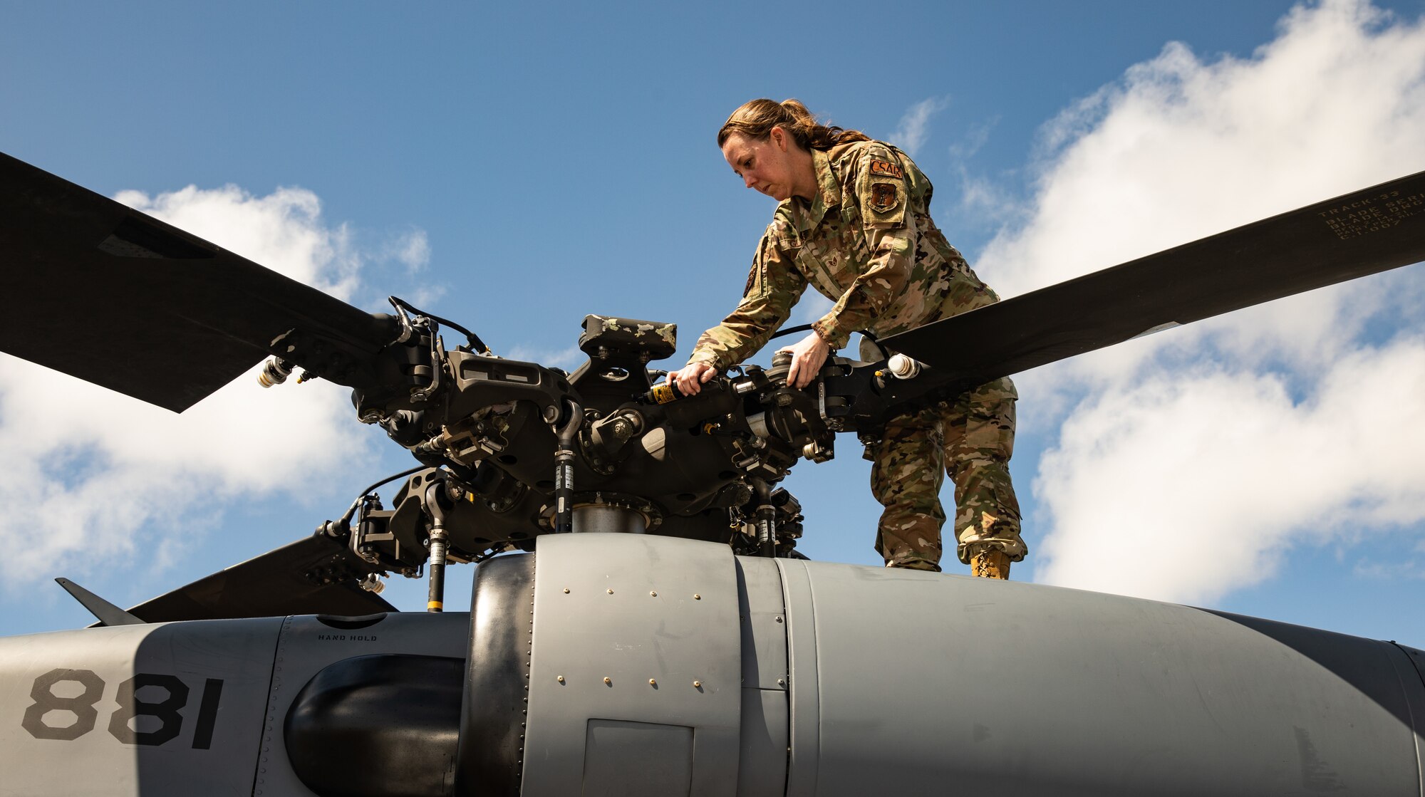 U.S. Air Force Staff Sgt. Natalie Glass, assistant dedicated crew chief with the 176th Aircraft Maintenance Squadron, 176th Wing, Alaska Air National Guard, at Exercise Southern Strike 2023, Gulfport, Mississippi, April 20, 2023.