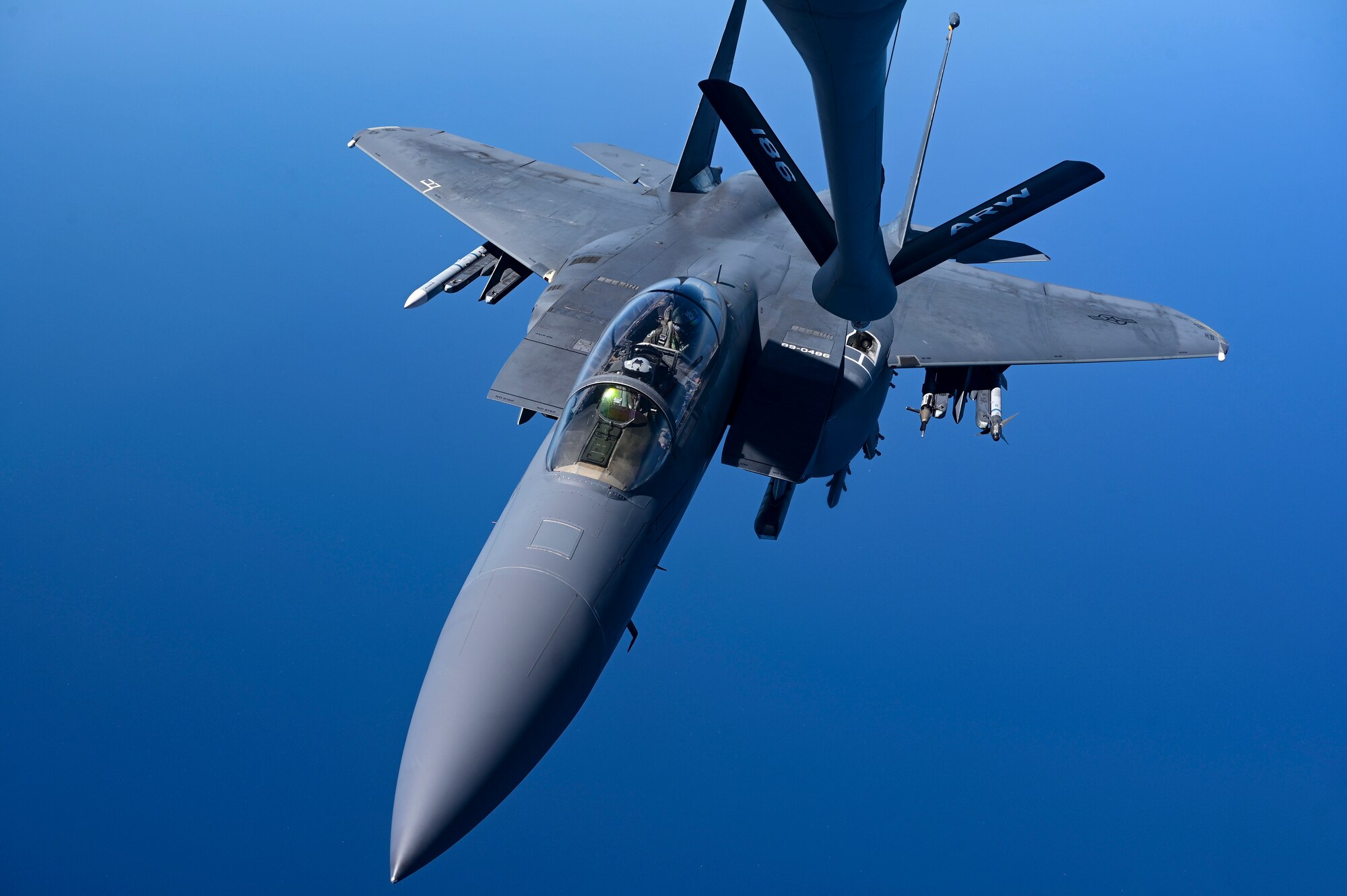 A U.S. Air Force KC-135 Stratotanker assigned to the 186th Air Refueling Wing, Mississippi Air National Guard, refuels a F-15E Strike Eagle assigned to the 4th Fighter Wing April 19, 2023, during Southern Strike 2023. The exercise focused on Agile Combat Employment, which shifts generation of airpower from large, centralized bases to networks of smaller, dispersed locations to complicate adversary planning.