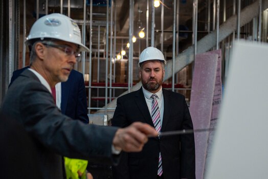  Bryan Gray, State Director for Sen. JD Vance, listens to David Bek, Facilities and Logistics Director, during a tour of the Intelligence Production Center III at Wright-Patterson Air Force Base, Ohio, April 24, 2023. Construction on the $153.3 million project started in 2020 and is scheduled to wrap up in 2024, with building occupation in 2025. (U.S. Air Force photo by Staff Sgt. Samuel Earick)