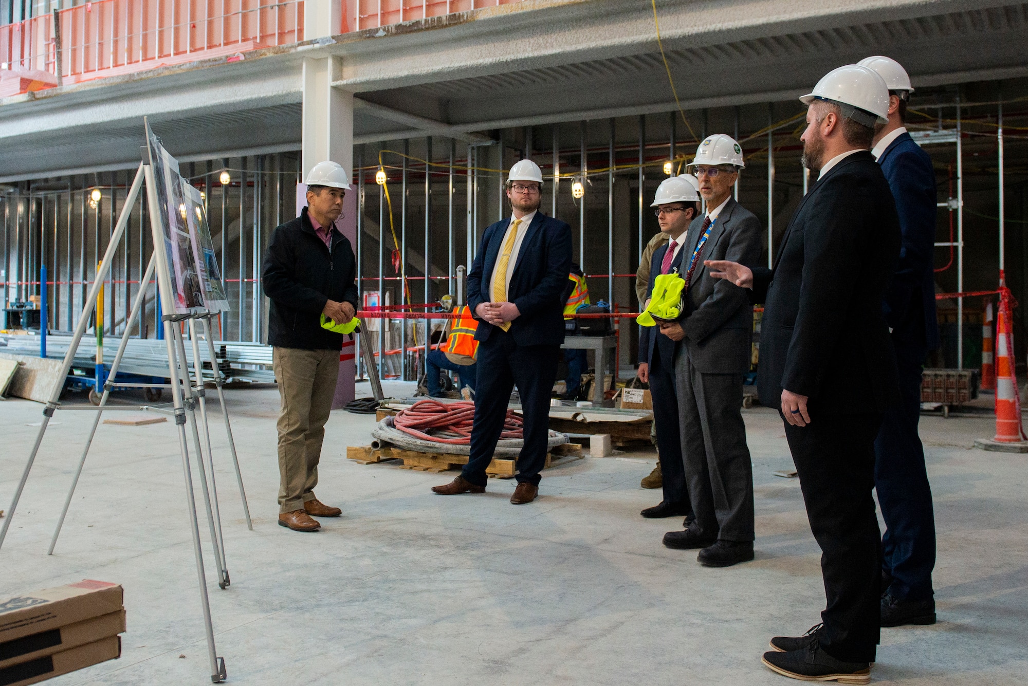 Staff members from the office of Sen. JD Vance take a tour of the National Air and Space Intelligence Center’s new addition, Intelligence Production Center III, at Wright-Patterson Air Force Base, Ohio, April 24, 2023. Intelligence Production Center III is a 255,000-square-foot building that will add 980 workstations, mission-specific functions, meeting areas, and advanced visualization capabilities to the NASIC campus. Construction started in 2020 and is scheduled to wrap up in 2024, with building occupation in 2025. (U.S. Air Force photo by Staff Sgt. Samuel Earick)