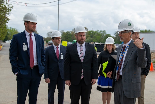  Staff members from the office of Sen. JD Vance listen as David Bek, Facilities and Logistics Director, begins a tour of the National Air and Space Intelligence Center’s new addition at Wright-Patterson Air Force Base, Ohio, April 24, 2023. The 255,000-square-foot building will add 980 workstations, mission-specific functions, meeting areas, and advanced visualization capabilities to the NASIC campus. (U.S. Air Force photo by Staff Sgt. Samuel Earick)