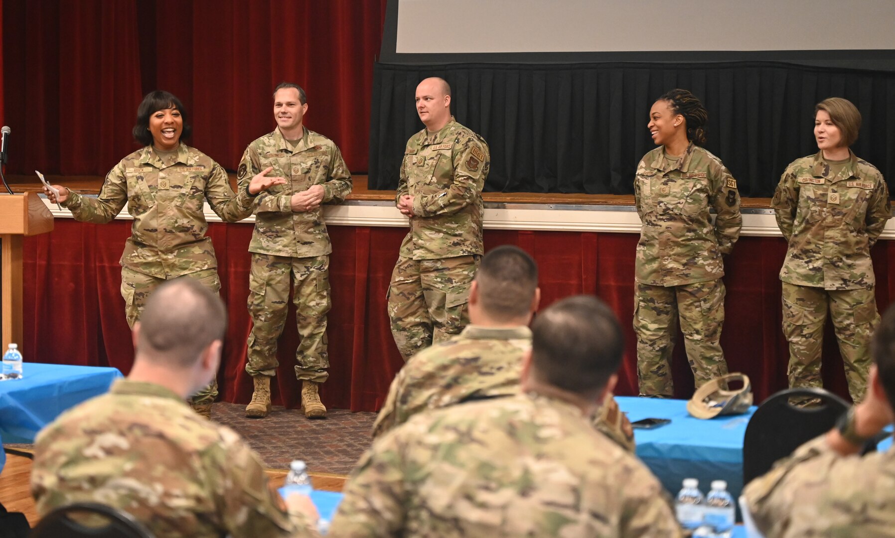 First Sergeant Candist Rock introduces the student airmen to the coming agenda of the 960th Cyberspace Wing Additional Duty First Sergeant Symposium at Joint Base San Antonio-Lackland on March 27, 2023. (U.S. Air Force photo by 2nd Lt. Alex Dieguez)
