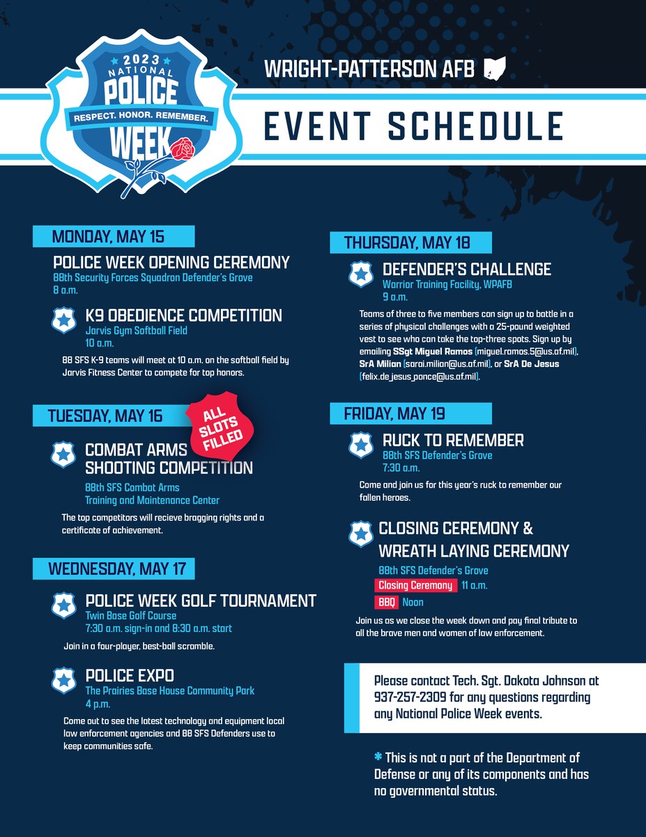 Graphic of the event schedule for Wright-Patt's 2023 Police Week ceremonies, competition, and events.