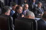 A Navy Vice Admiral speaks during a meeting at the Defense Logistics Agency Headquarters in Fort Belvoir, Virginia.