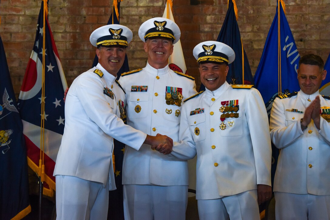 Rear Adm. Hickey, Rear Adm. Johnston and Vice Adm. Lunday at change of command ceremony