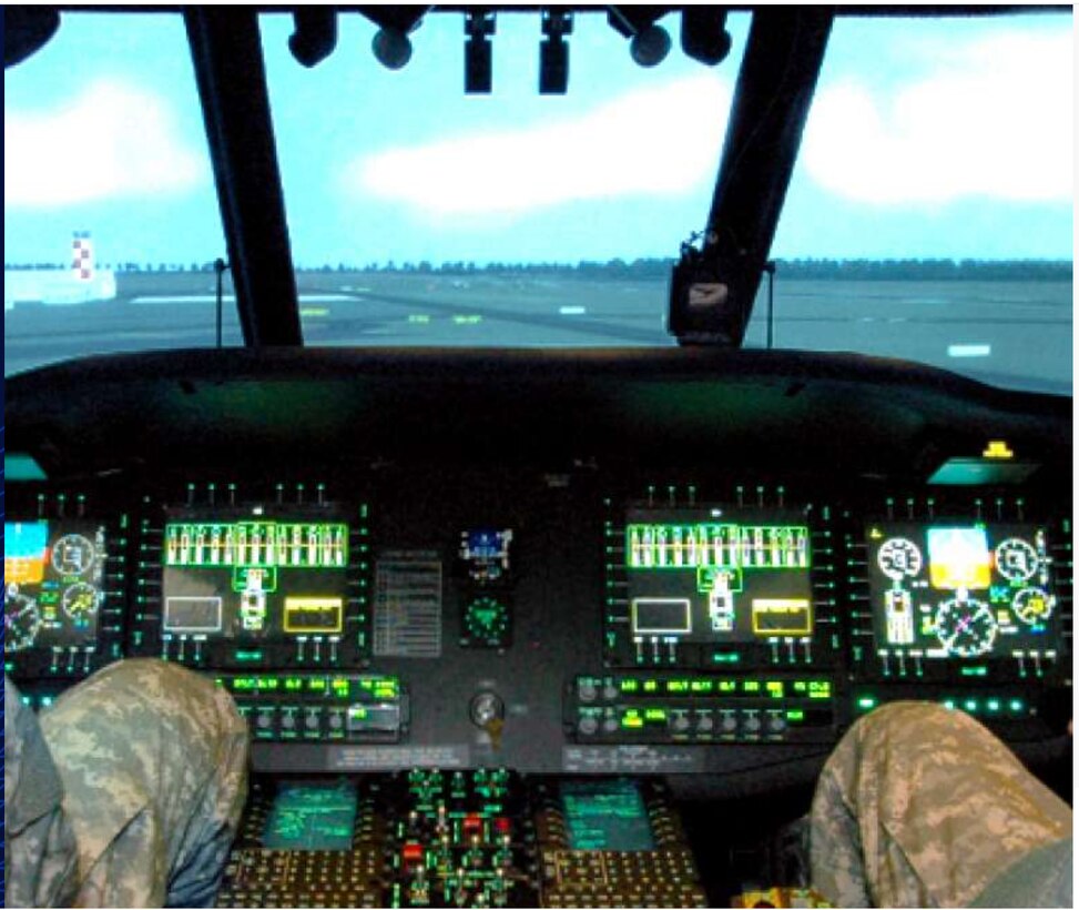 Inside of a simulator at the General Dynamics Information Technology rotorcraft simulation training facility at Fort Rucker, Alabama