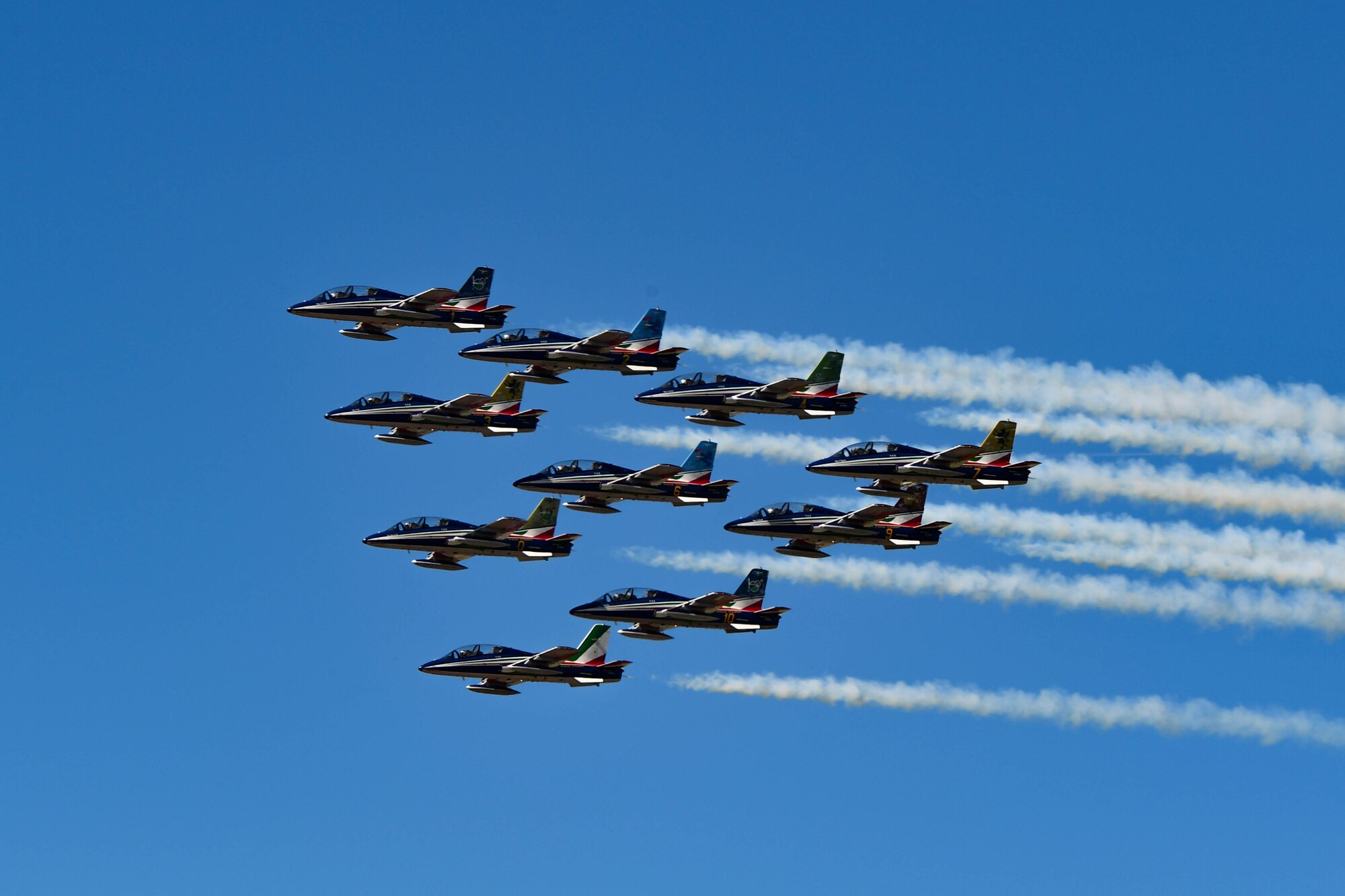 The Italian air force Frecce Tricolori, 313th Gruppo Addestramento Acrobatico, aerobatic team performs a demonstration at Aviano Air Base, Italy, April 18, 2023.