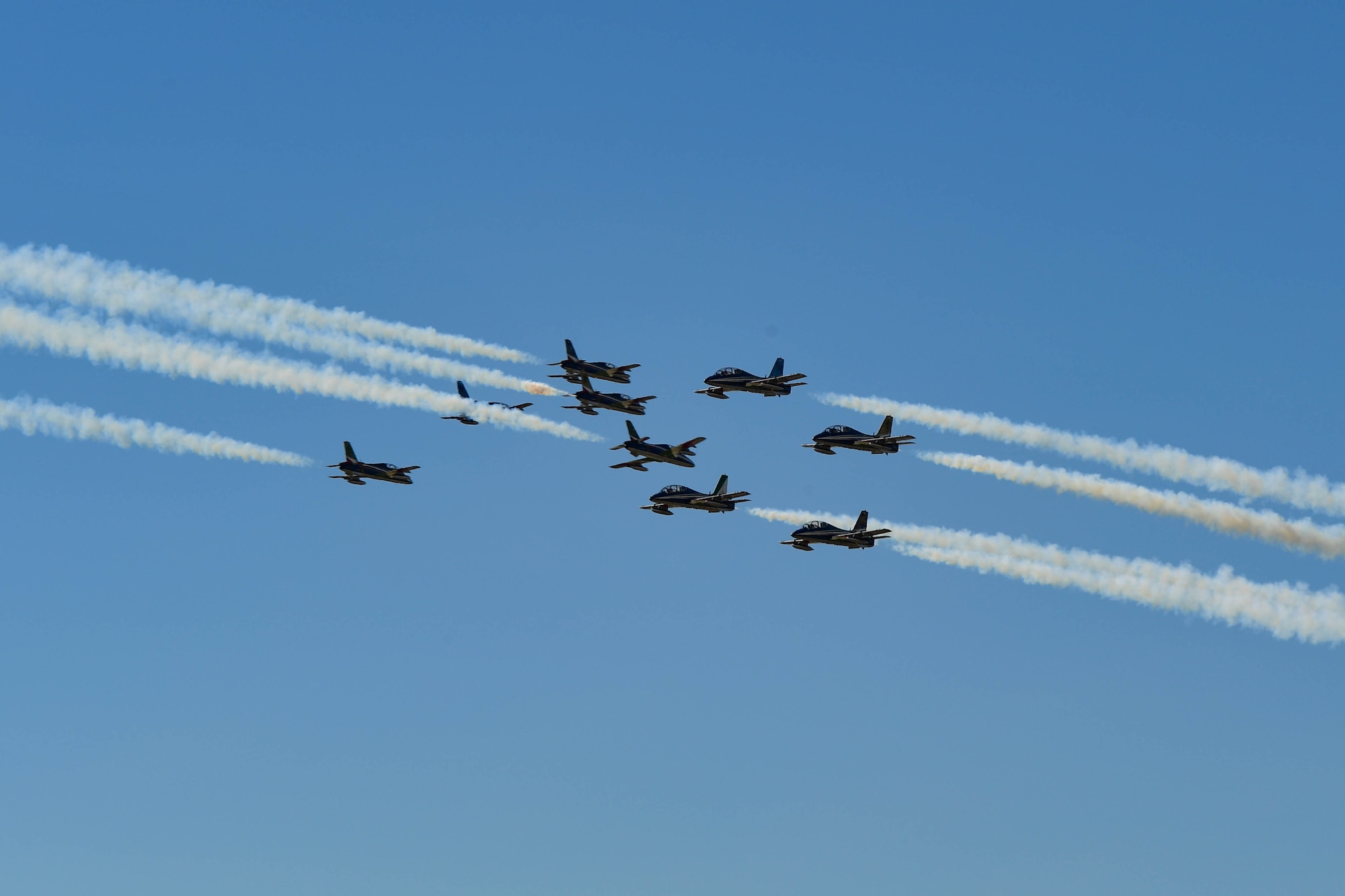The Italian air force Frecce Tricolori, 313th Gruppo Addestramento Acrobatico, aerobatic team performs a demonstration at Aviano Air Base, Italy, April 18, 2023.