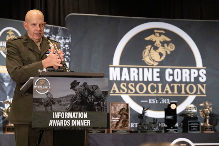 The 38th Commandant of the Marine Corps, Gen. David H. Berger, speaks to the audience during the annual Marine Corps Association information awards dinner in Arlington, Virginia, April 20, 2023. Marines with outstanding performance in information-related occupational fields were recognized and awarded according to their achievements.