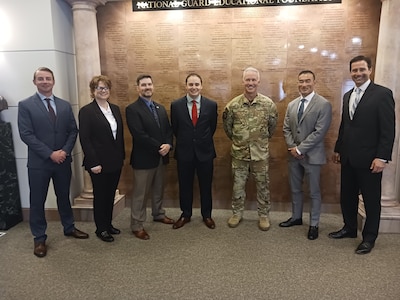 Members of Team Asclepius Shield, comprising Soldiers and Airmen from active and Guard units, including U.S. Army Spc. Paul Martin, Massachusetts National Guard, third from left, met with U.S. Air Force Brig. Gen. James Parry, assistant surgeon general with Michigan Air National Guard, and Gregg Peterson, chief executive officer with Bexson Biomedical, at the National Guard Memorial Museum in Washington March 31, 2023.