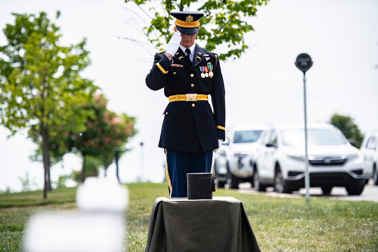 A soldier salutes a container bearing another soldier's remains.