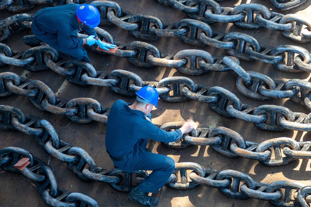Two sailors wearing safety helmets sand chains aboard a ship as seen from above.