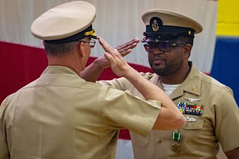 NAVAL SUPPORT ACTIVITY SOUDA BAY, Greece (April 28, 2023) Chief Aviation Boatswain’s Mate Dwayne Black, assigned to Naval Support Activity (NSA) Souda Bay, Greece, requests permission to go ashore for the last time from Capt. Odin J. Klug, commanding officer, NSA Souda Bay, during his Retirement Ceremony onboard NSA Souda Bay on April 28, 2023.