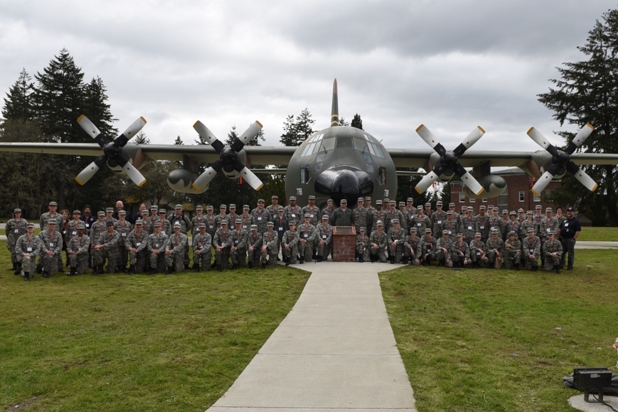 Washington Civil Air Patrol cadets pose for a photo at the Heritage Hill airpark April 22, 2023 at Joint Base Lewis-McChord, Washington. The CAP cadets visited McChord on an installation tour and took part in an incentive flight. The Cadet Programs target youth aged 12-20 and educate them in leadership, aerospace, fitness and character development. (U.S. Air Force photo by Tech. Sgt. Benjamin Sutton)