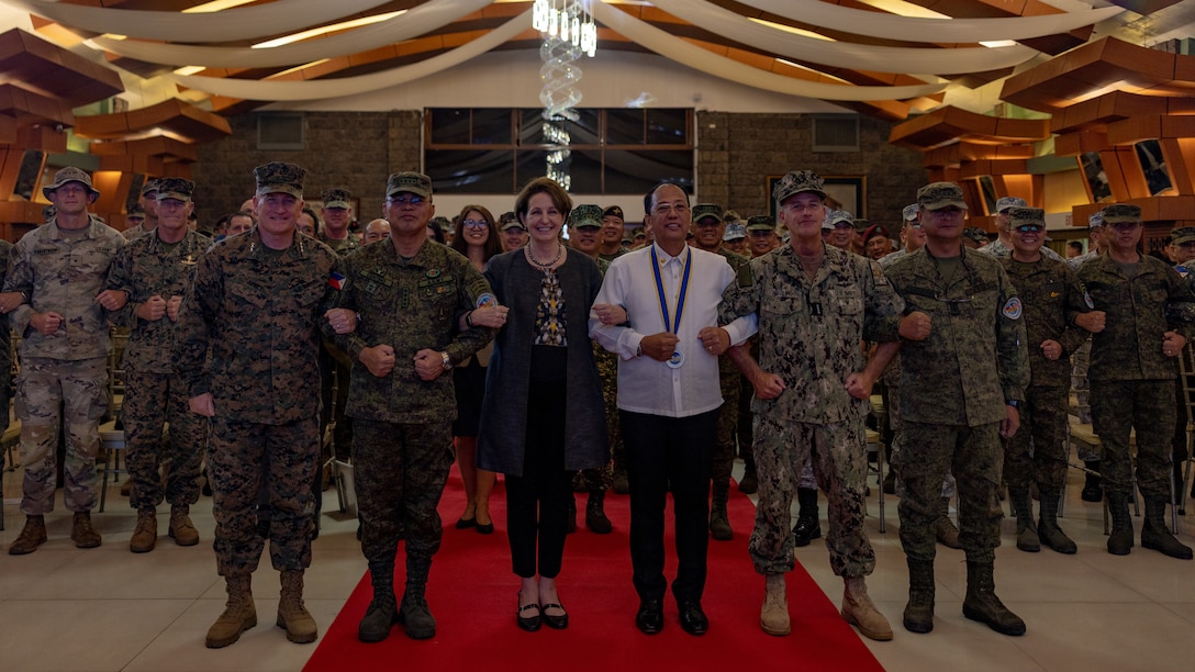 U.S. and Philippine government and senior military leaders pose for a group picture during the closing ceremony to conclude Balikatan 23 at Camp Aguinaldo, Manila, Philippines, April 28, 2023. Over the last three weeks, more than 17,600 personnel trained shoulder-to-shoulder across the Philippines’ northern Luzon and Palawan, increasing proficiency in maritime security, amphibious operations, live-fire training, urban operation, aviation operations, counterterrorism, and humanitarian assistance and disaster relief. (U.S. Marine Corps photo by Cpl. Tyler Andrews)