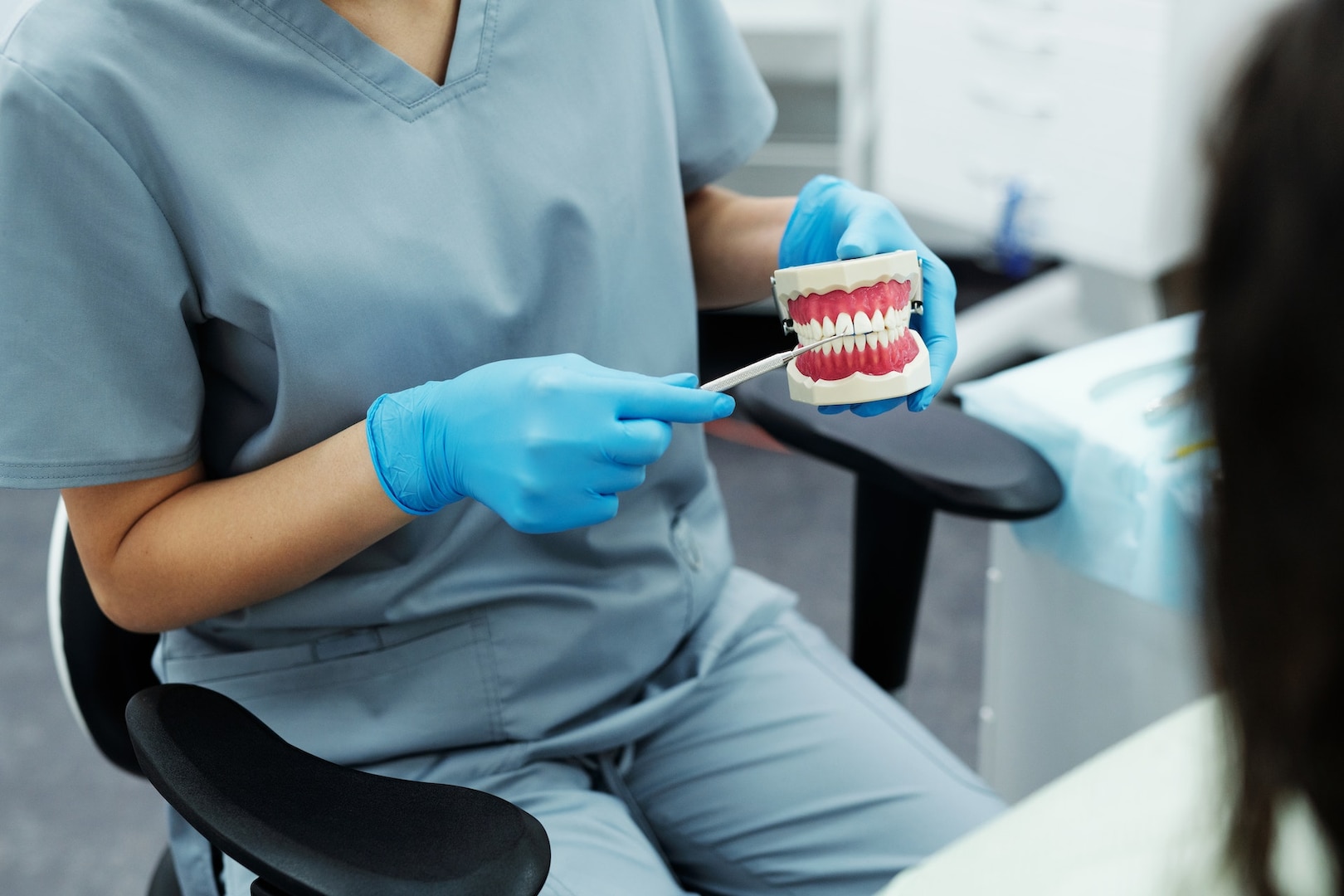 A dentist uses a set of demonstration teeth to show a patient