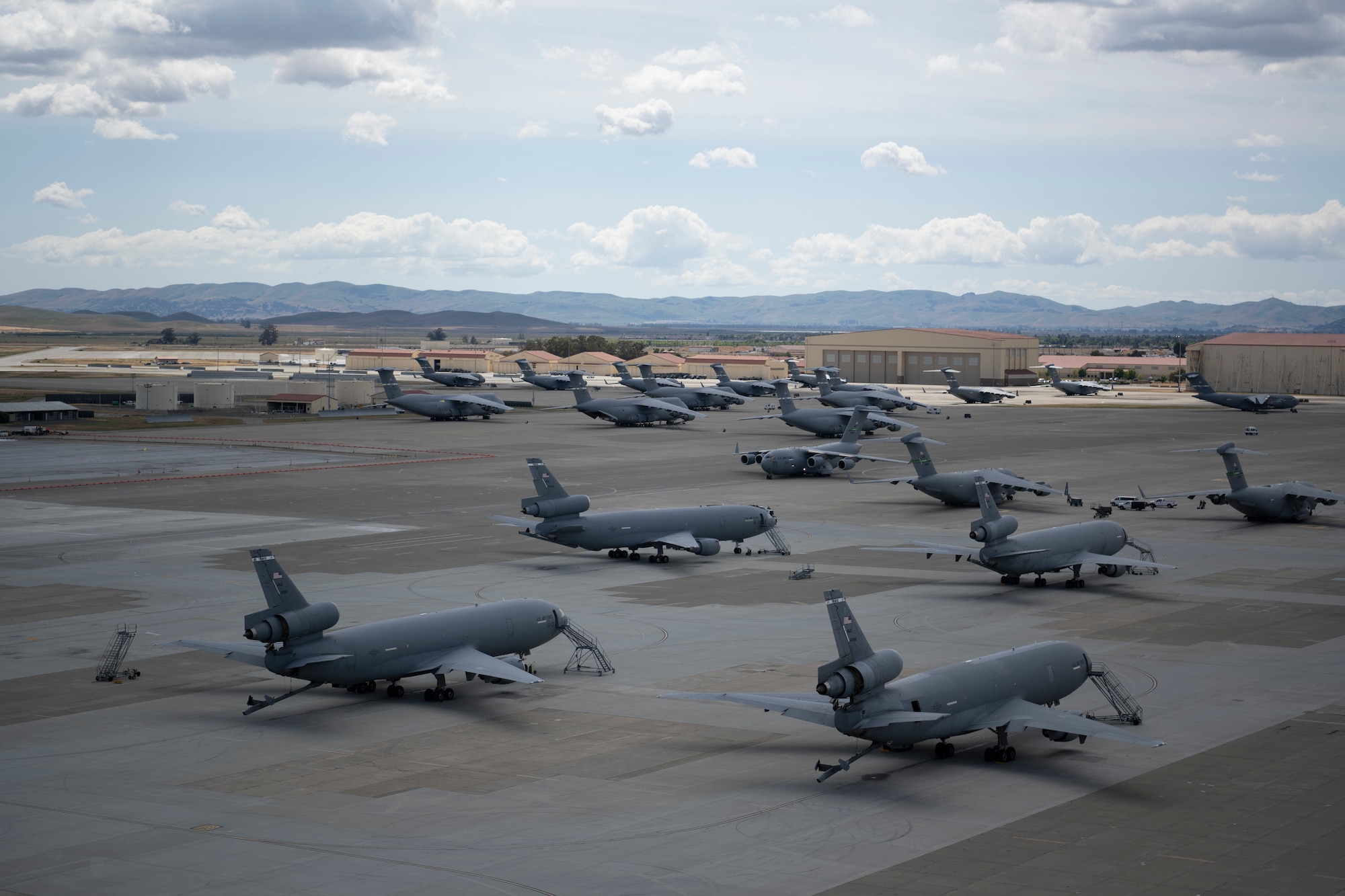 Aircraft assigned to Travis Air Force Base, California sit on the flight line