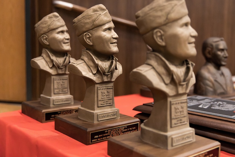 The Lt. Orville Munson Award sits on a table ready to be handed to the recipients at the U.S. Army Engineer Regimental School at Fort Leonardwood, Missouri on April 28, 2023. The award is given annually to honor an engineer lietuenant or warrant officer platoon leader in the Active Army and Army National Guard in recognition of outstanding contributions to military engineering by demonstrated technical and leadership ability. (U.S. Army National Guard photo by Sgt. 1st Class Andrew Dickson)