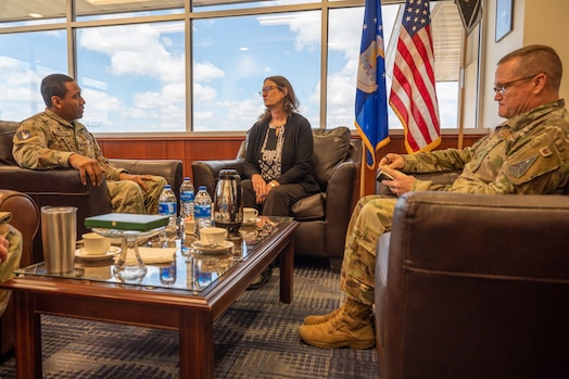  From left to right, U.S. Space Force Col. Marcus Jackson, Space Base Delta 2 commander, Dr. Michele Gaudreault, Deputy Chief Scientist, Space Operations Command, and U.S. Air Force Col. Robert Clay, Space Base Delta 2 vice commander, begin their office call at Buckley Space Force Base, Colo., April 28, 2023. Dr. Gaudreault visited Space Base Delta 2, as well as Space Delta 4 components for office calls. (U.S. Space Force photo by Airman 1st Class Shaun Combs)