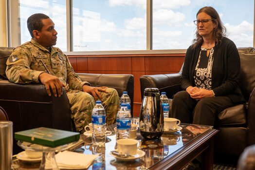  Col. Marcus Jackson, Space Base Delta 2 commander, alongside Dr. Michele Gaudreault, Deputy Chief Scientist, Space Operations Command, begin their office call at Buckley Space Force Base, Colo., April 28, 2023. Dr. Gaudreault visited Space Base Delta 2, as well as Space Delta 4 components for office calls. (U.S. Space Force photo by Airman 1st Class Shaun Combs)