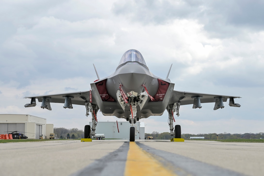 One of the first F-35A Lightning II aircraft assigned to the Wisconsin Air National Guard's 115th Fighter Wing arrives at Dane County Regional Airport in Madison, Wisconsin, Apr. 25, 2023. The 115th FW is the second ANG wing in the nation to receive the fifth-generation fighter.