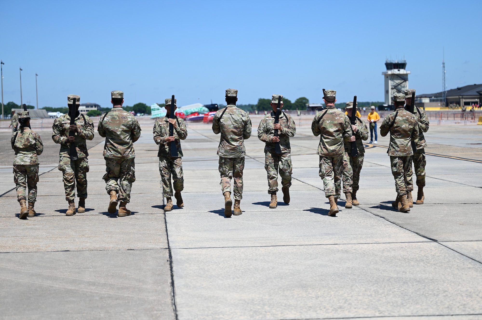 An 81st Training Group drill team perform during the STEM Expo at the flightline on Keesler Air Force Base, Mississippi, April 28, 2023. The Science, Technology, Engineering, and Math Expo was an educational opportunity for student to learn about career opportunities in the Air Force and on the Gulf Coast. (U.S. Air Force photo by Airman 1st Class Elizabeth Davis)