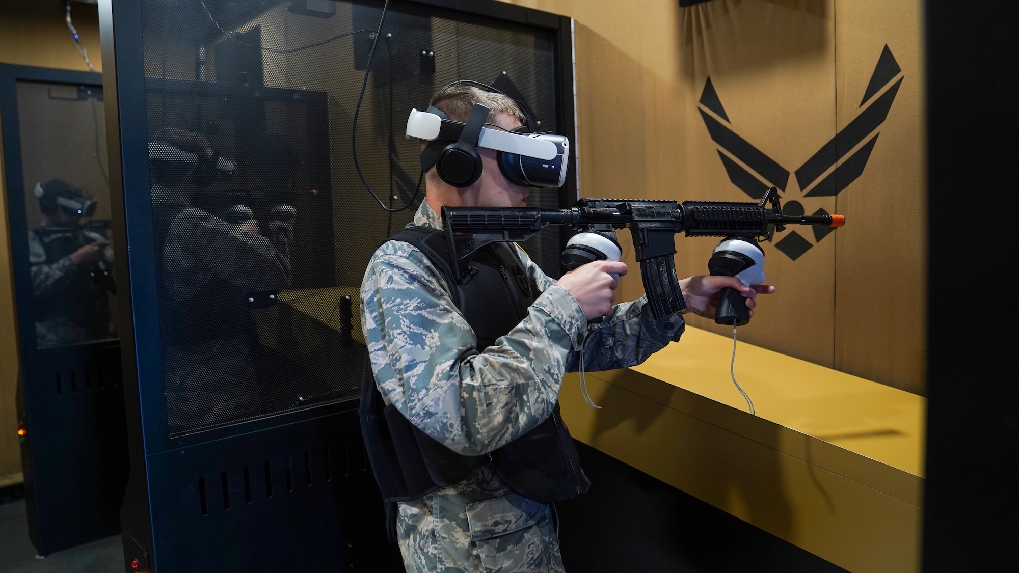 JROTC cadets participate in a Special Warfare virtual reality demonstration at the STEM Expo on Keesler Air Force Base, Mississippi, April 28, 2023. The Science, Technology, Engineering, and Math Expo was an educational opportunity for student to learn about career opportunities in the Air Force and on the Gulf Coast. (U.S. Air Force photo by Airman 1st Class Elizabeth Davis)