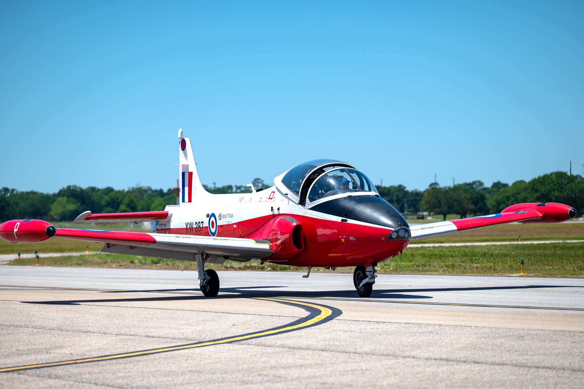 A BAC Jet Provost lands during a practice session for the 2023 Thunder Over the Sound Air and Space Show at Keesler Air Force Base, Mississippi, April 28, 2023. Thunder Over the Sound is a unique event where a military installation and its surrounding city jointly host an air show in two locations; Biloxi Beach and Keesler's flightline. (U.S. Air Force photo by Airman 1st Class Trenten Walters)