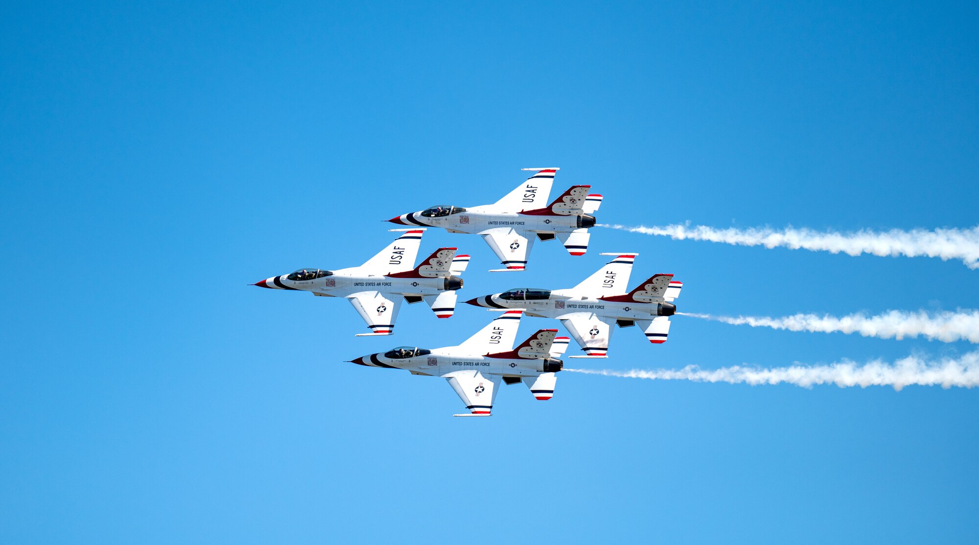 The Thunderbirds fly in diamond formation during a practice session for the 2023 Thunder Over the Sound Air and Space Show at Biloxi Beach in Biloxi, Mississippi, April 28, 2023. Thunder Over the Sound is a unique event where a military installation and its surrounding city jointly host an air show in two locations; Biloxi Beach and Keesler's flightline. (U.S. Air Force photo by Airman 1st Class Trenten Walters)
