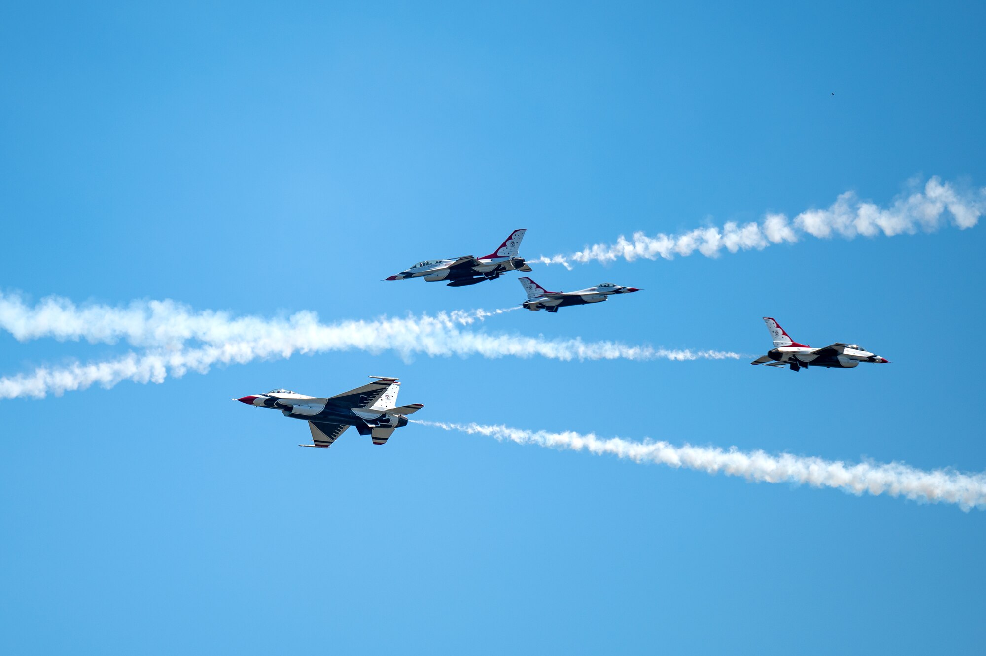 The Thunderbirds perform during a practice session for the 2023 Thunder Over the Sound Air and Space Show at Biloxi Beach in Biloxi, Mississippi, April 28, 2023. Thunder Over the Sound is a unique event where a military installation and its surrounding city jointly host an air show in two locations; Biloxi Beach and Keesler's flightline. (U.S. Air Force photo by Airman 1st Class Trenten Walters)