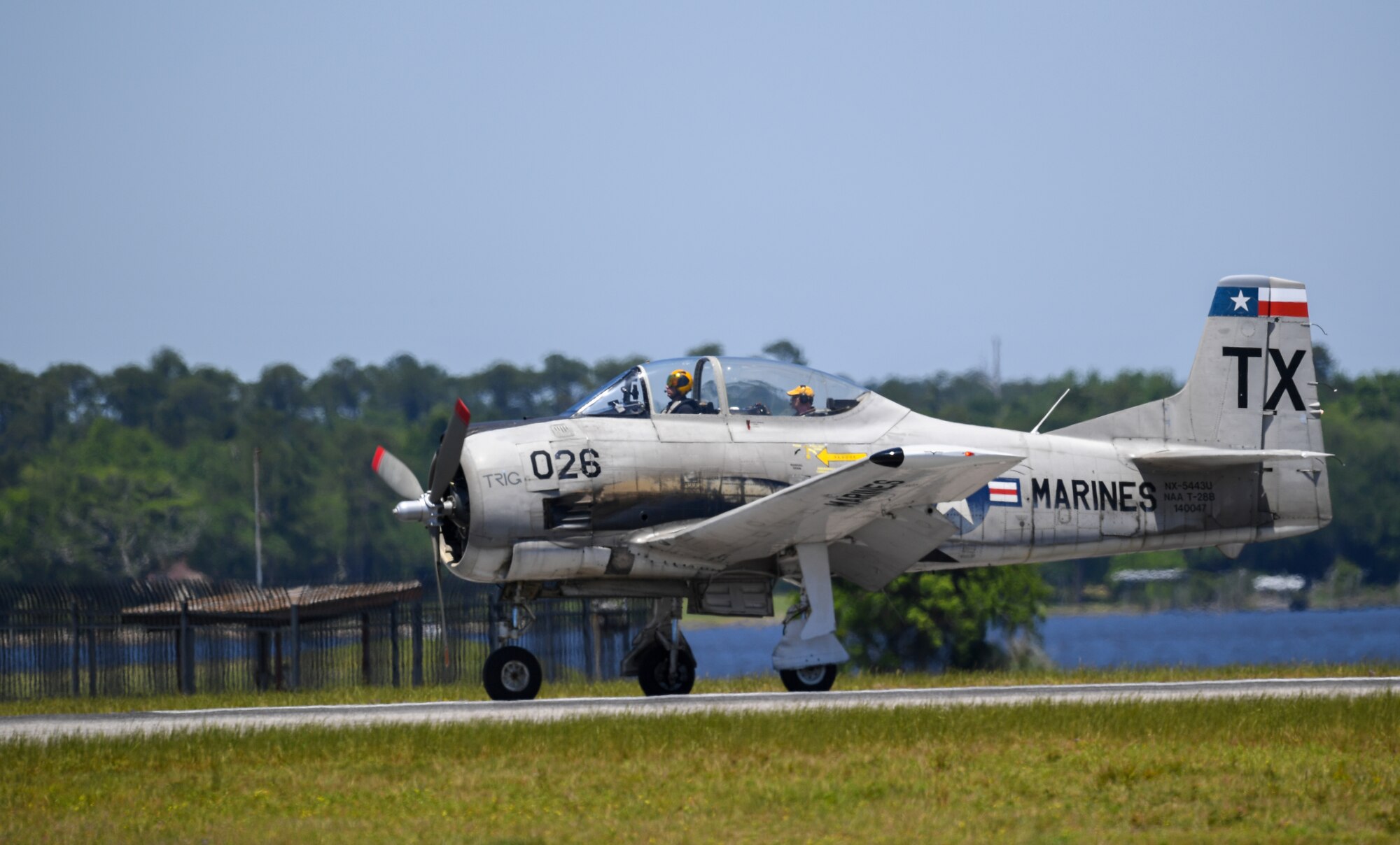 A T-28 Trojan lands during a practice session for the 2023 Thunder Over the Sound Air and Space Show at Keesler Air Force Base, Mississippi, April 28, 2023. Thunder Over the Sound is a unique event where a military installation and its surrounding city jointly host an air show in two locations; Biloxi Beach and Keesler's flightline. (U.S. Air Force photo by Kemberly Groue)