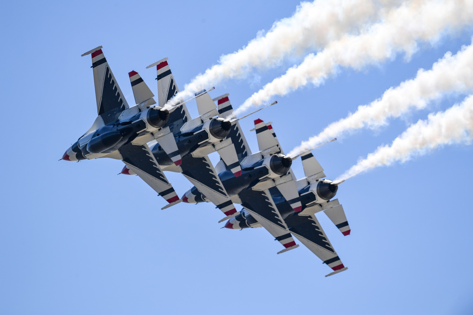 The Thunderbirds perform during a practice session for the 2023 Thunder Over the Sound Air and Space Show at Biloxi Beach in Biloxi, Mississippi, April 28, 2023. Thunder Over the Sound is a unique event where a military installation and its surrounding city jointly host an air show in two locations; Biloxi Beach and Keesler's flightline. (U.S. Air Force photo by Kemberly Groue)