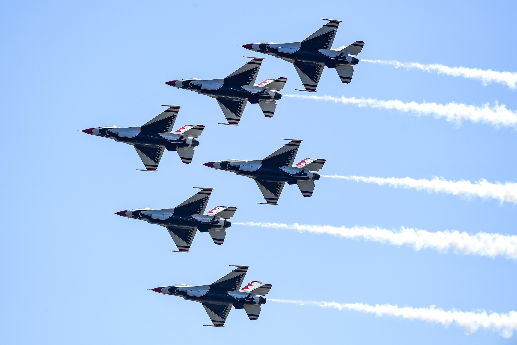 The Thunderbirds fly during a practice session for the 2023 Thunder Over the Sound Air and Space Show at Biloxi Beach in Biloxi, Mississippi, April 28, 2023. Thunder Over the Sound is a unique event where a military installation and its surrounding city jointly host an air show in two locations; Biloxi Beach and Keesler's flightline. (U.S. Air Force photo by Kemberly Groue)