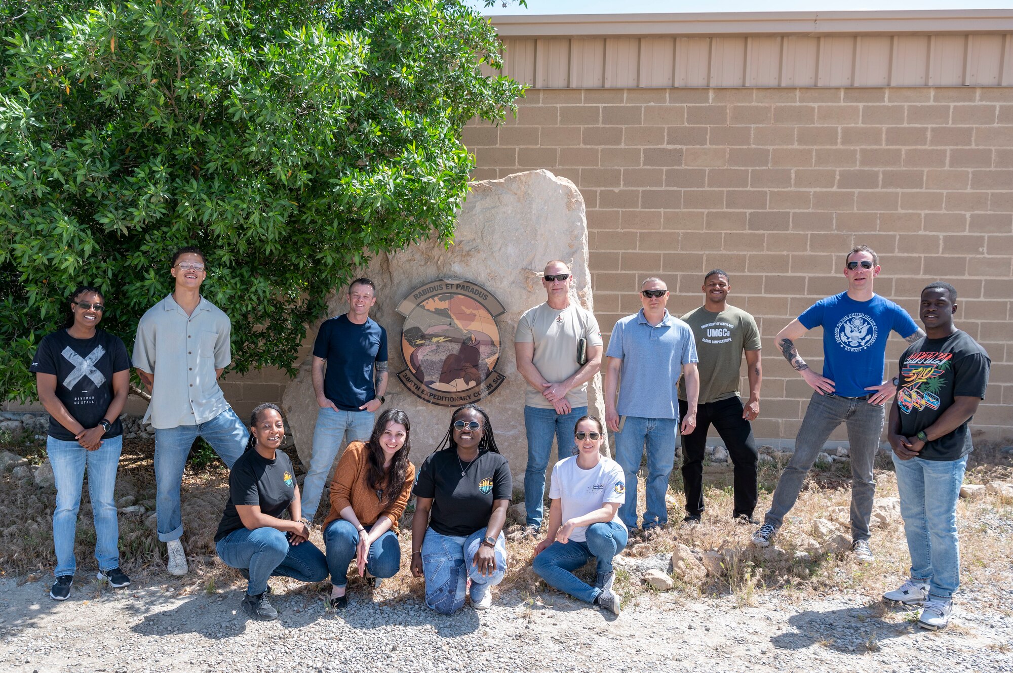 Members of the 386th Expeditionary Communications Squadron participate in Denim Day during Sexual Assault Awareness and Prevention Month at Ali Al Salem Air Base, Kuwait, April 26, 2023.