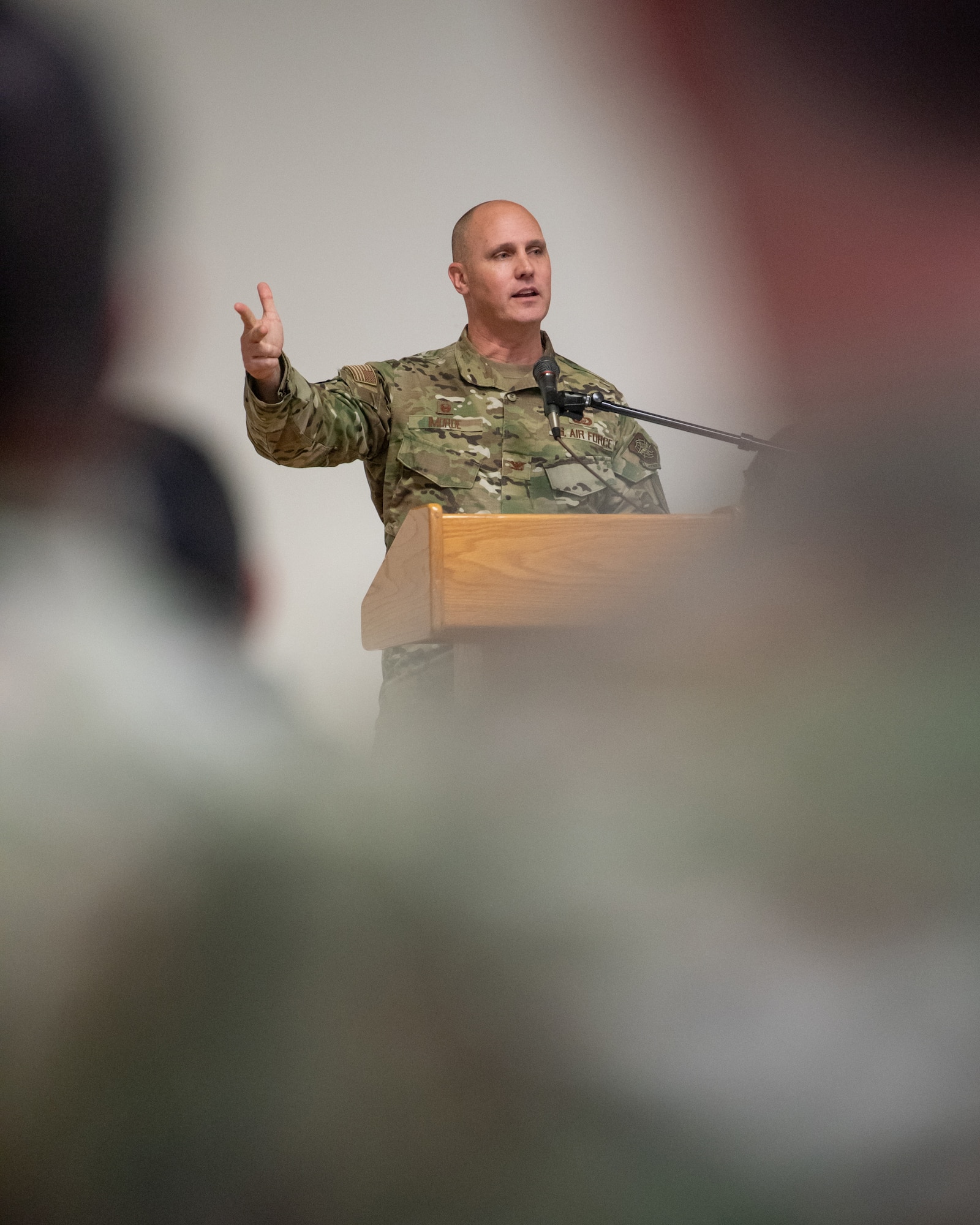 Col. George Imorde, outgoing commander of the 123rd Mission Support Group, speaks during the group's change-of-command ceremony at the Kentucky Air National Guard Base in Louisville, Ky., Jan. 21, 2023. Imorde stepped down as MSG commander to accept the post of vice commander of the 123rd Airlift Wing vice commander. (U.S. Air National Guard photo by Tech. Sgt. Joshua Horton)