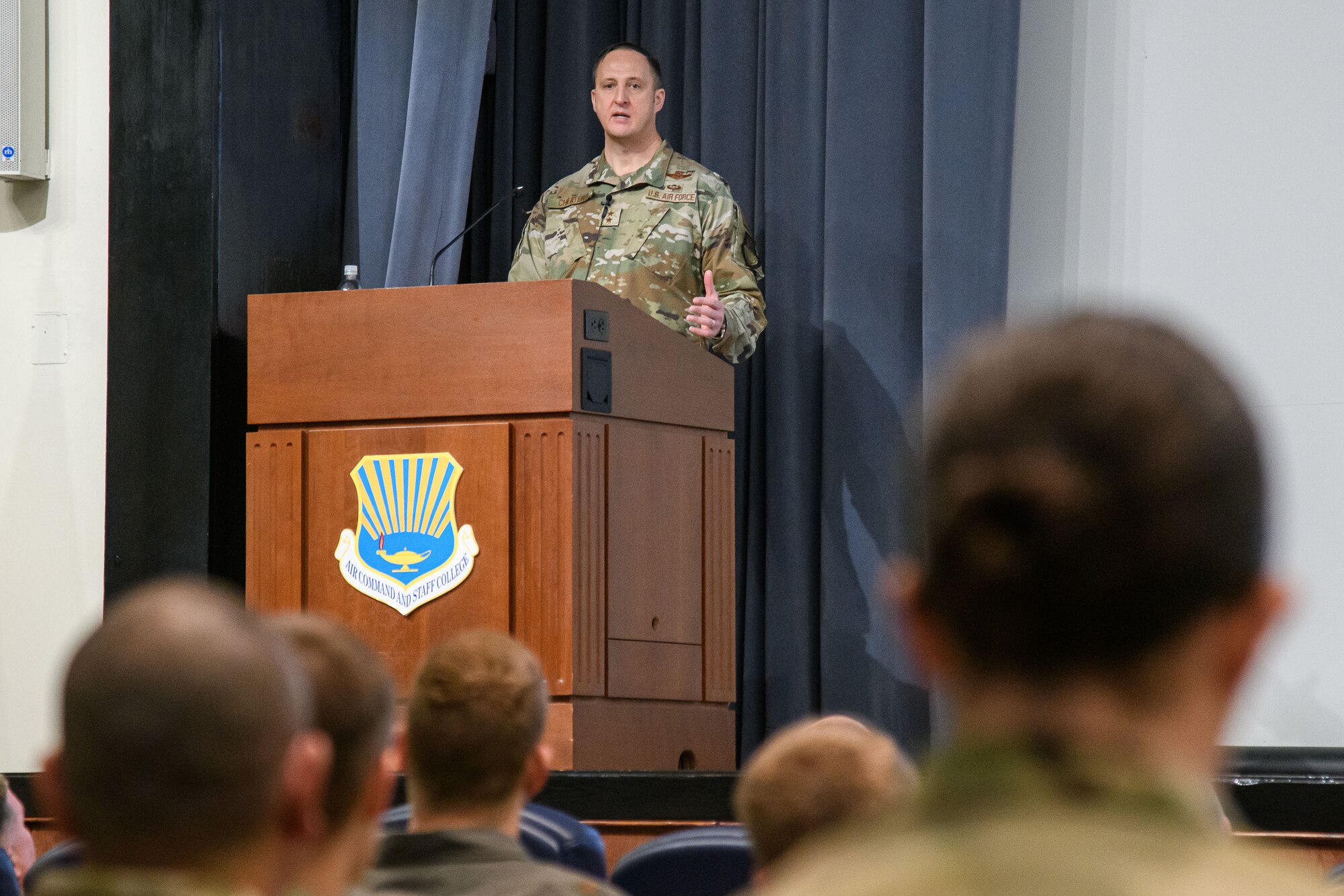 Maj. Gen. Julian C. Cheater, assistant deputy undersecretary of the Air Force for International Affairs, briefs Air Command and Staff College political-military affairs strategist officers April 12, 2023. He also answered questions about their future assignments as political-military affairs strategists and met with international military students during his visit to Air University