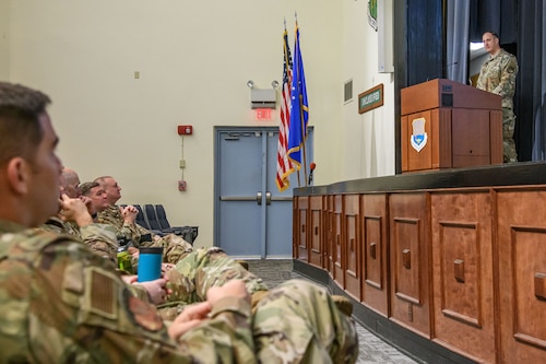 Maj. Gen. Julian C. Cheater, assistant deputy undersecretary of the Air Force for International Affairs, briefs Air Command and Staff College political-military affairs strategist officers April 12, 2023. He also answered questions about their future assignments as political-military affairs strategists and met with international military students during his visit to Air University.