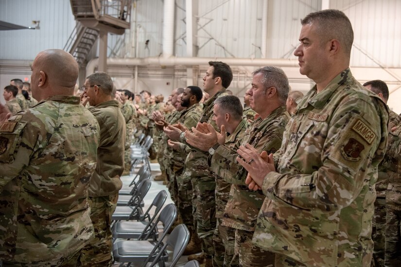 Airmen, friends and family attend the retirement ceremony of Chief Master Sgt. David Malone, 123rd Maintenance Group senior enlisted advisor, at the Kentucky Air National Guard Base in Louisville, Ky., Feb. 5, 2023. Malone is retiring after more than 35 years of service to the Kentucky Air National Guard and United States Air Force. (U.S. Air National Guard photo by Tech. Sgt. Joshua Horton)