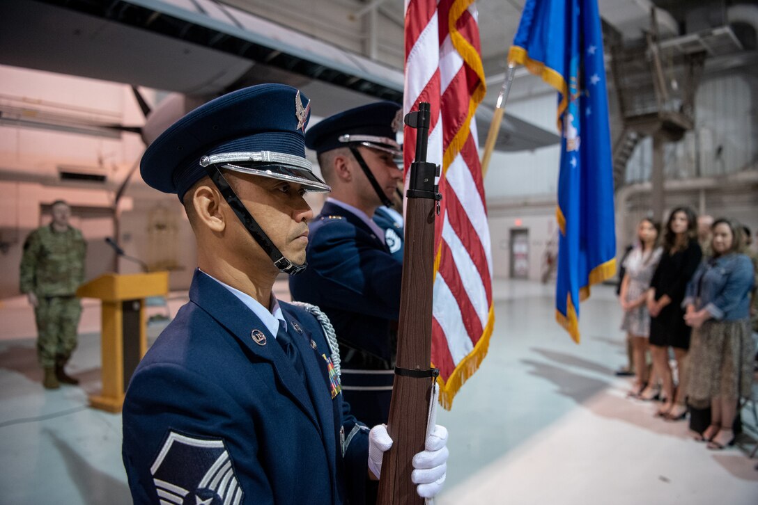 Honor guard members from the 123rd Airlift Wing present the colors during the retirement ceremony of Chief Master Sgt. David Malone, 123rd Maintenance Group senior enlisted advisor, at the Kentucky Air National Guard Base in Louisville, Ky., Feb. 5, 2023. Malone is retiring after more than 35 years of service to the Kentucky Air National Guard and United States Air Force. (U.S. Air National Guard photo by Tech. Sgt. Joshua Horton)