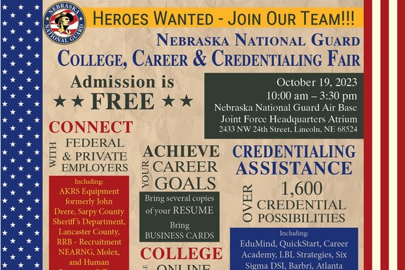 Nebraska National guard to host a College, Career & Credentialing Fair on Oct. 19, 2023, from 10 a.m. to 3:30 p.m. at the Joint Force Headquarters at the air base in Lincoln, Nebraska.
