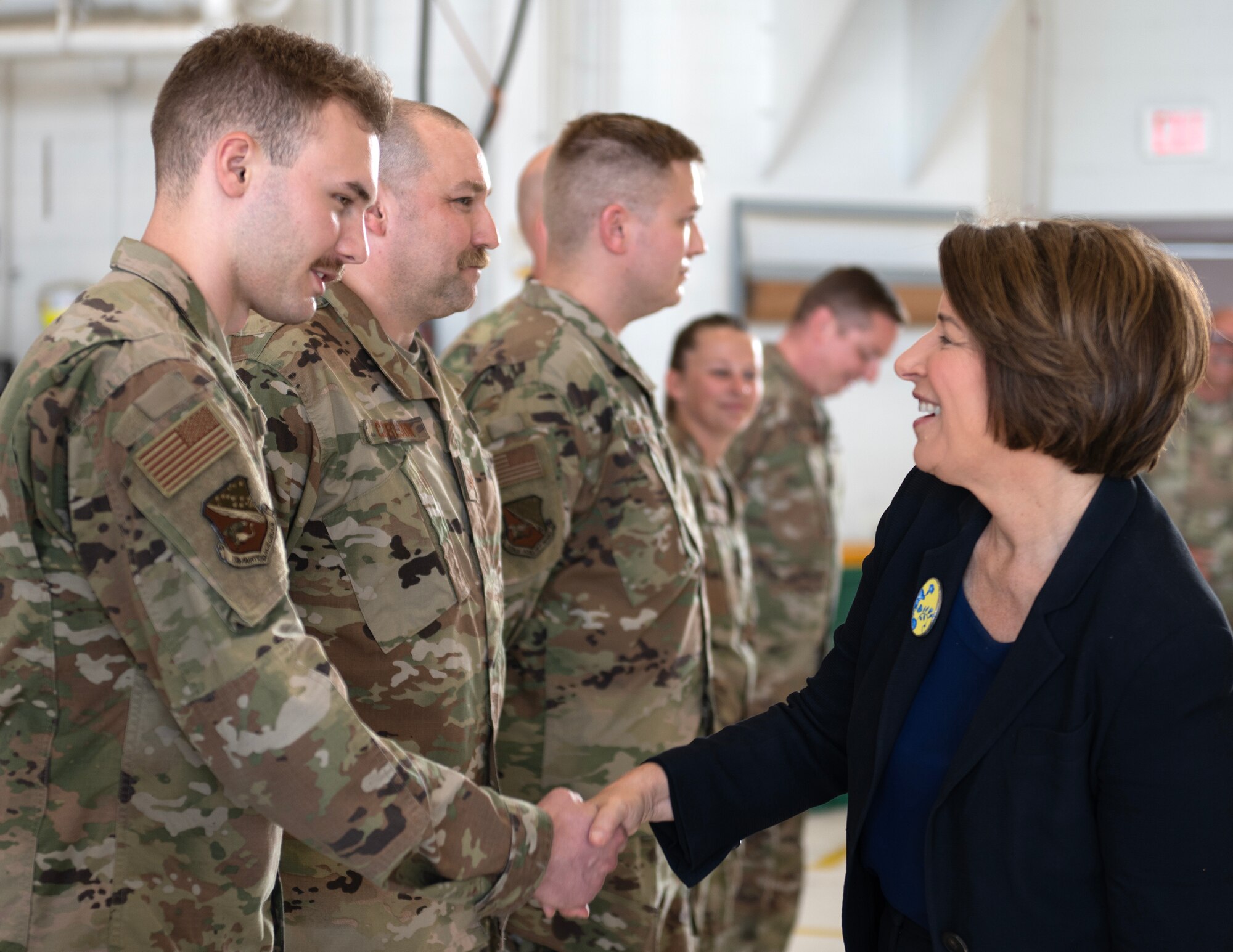 U.S. Sen. Amy Klobuchar, D-Minn., meets with U.S. Air Force Airmen from the 133rd Airlift Wing before a press conference in St. Paul, Minn., July 28, 2023.