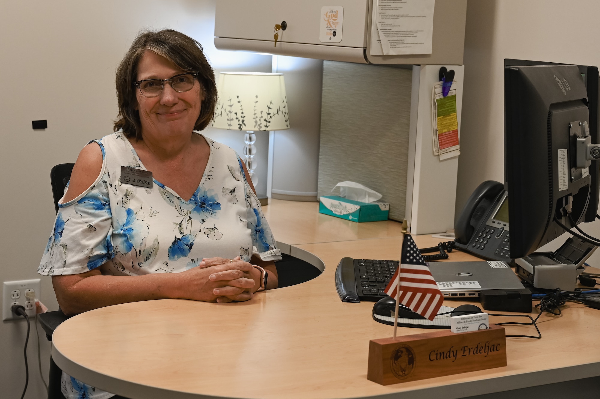 Cindy Erdeljac, EFMP Support Coordinator at the 509th Force Support Squadron, poses for a photo on Whiteman Air Force Base, Mo., Aug 1, 2023. The Exceptional Family Member Program provides support for families with special needs. (U.S. Air Force photo by Airman 1st Class Robert Hicks.)