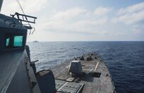 TYRRHENIAN SEA (July 20, 2023) The Arleigh Burke-class guided-missile destroyer USS Paul Ignatius (DDG 117), sails alongside the French Navy frigate FS Languedoc (D 653) before conducting a joint gunnery exercise, July 20, 2023. Ignatius is on a scheduled deployment in the U.S. Naval Forces Europe area of operations, employed by the U.S. Sixth Fleet to defend U.S., allied and partner interests. (U.S. Navy photo by Mass Communication Specialist 1st Class Zac Shea)